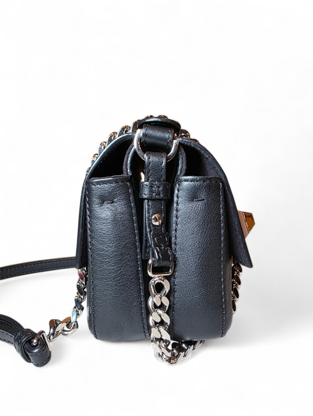 FENDI Double Mini Baguette Studded Crossbody Shoulder Bag Black Leather - Picture 4 of 13